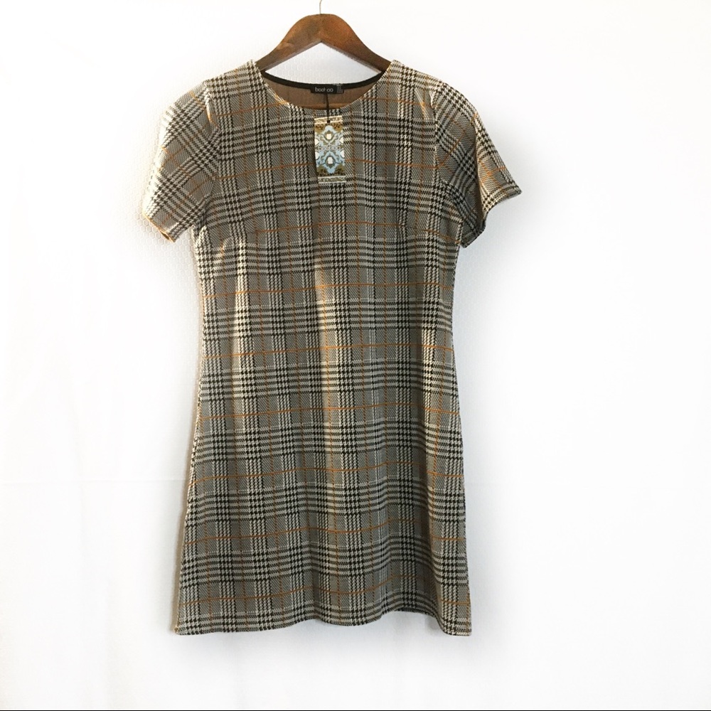 Boohoo Check Shift Tan Dress size US 10